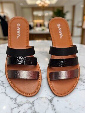 Womens Multi-Strap Slide Sandals With Faux Leather In Black Metallic & Croc-Embo